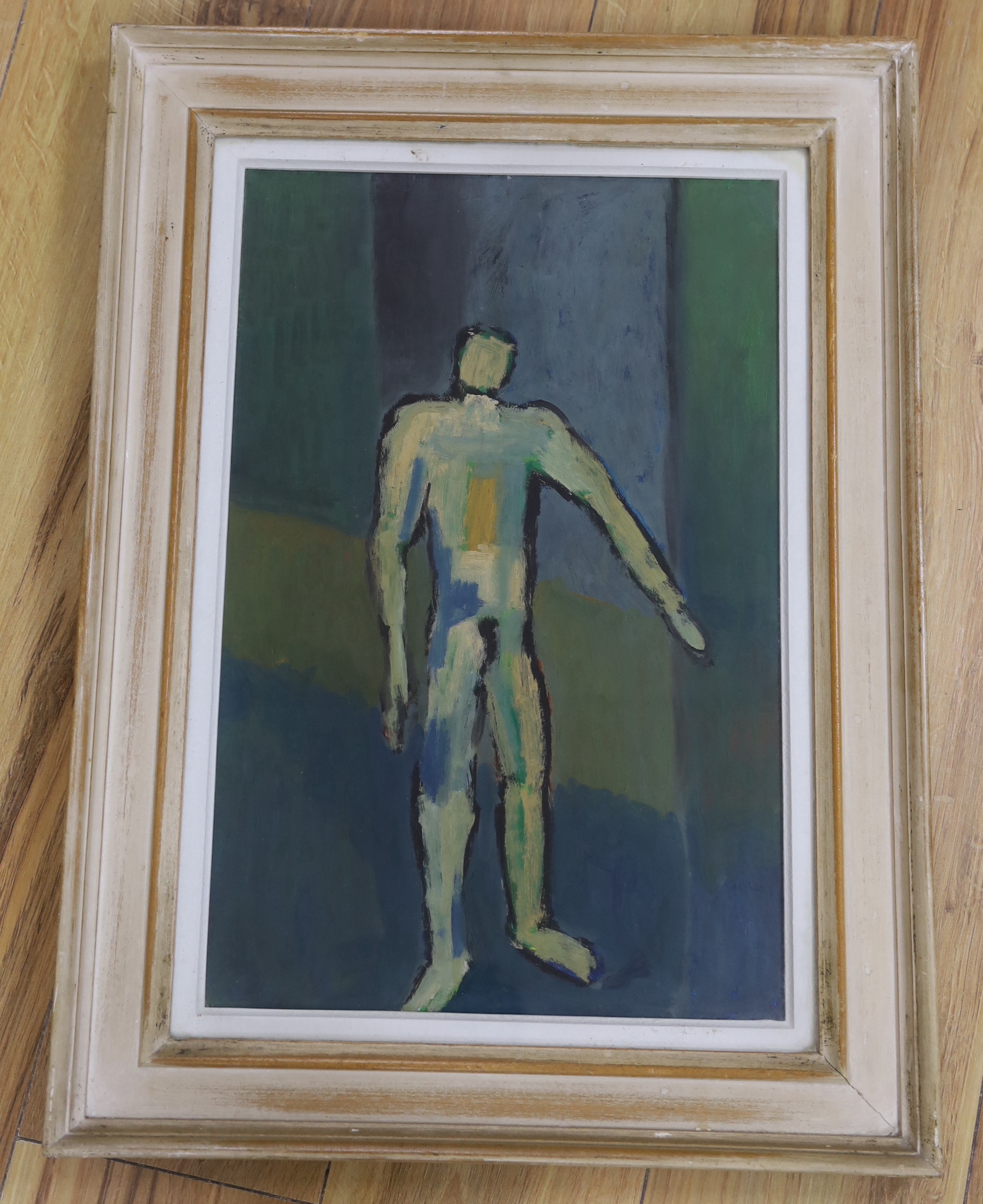 Manner of Keith Vaughan, abstract oil on board, 'Standing man', 45 x 31cm